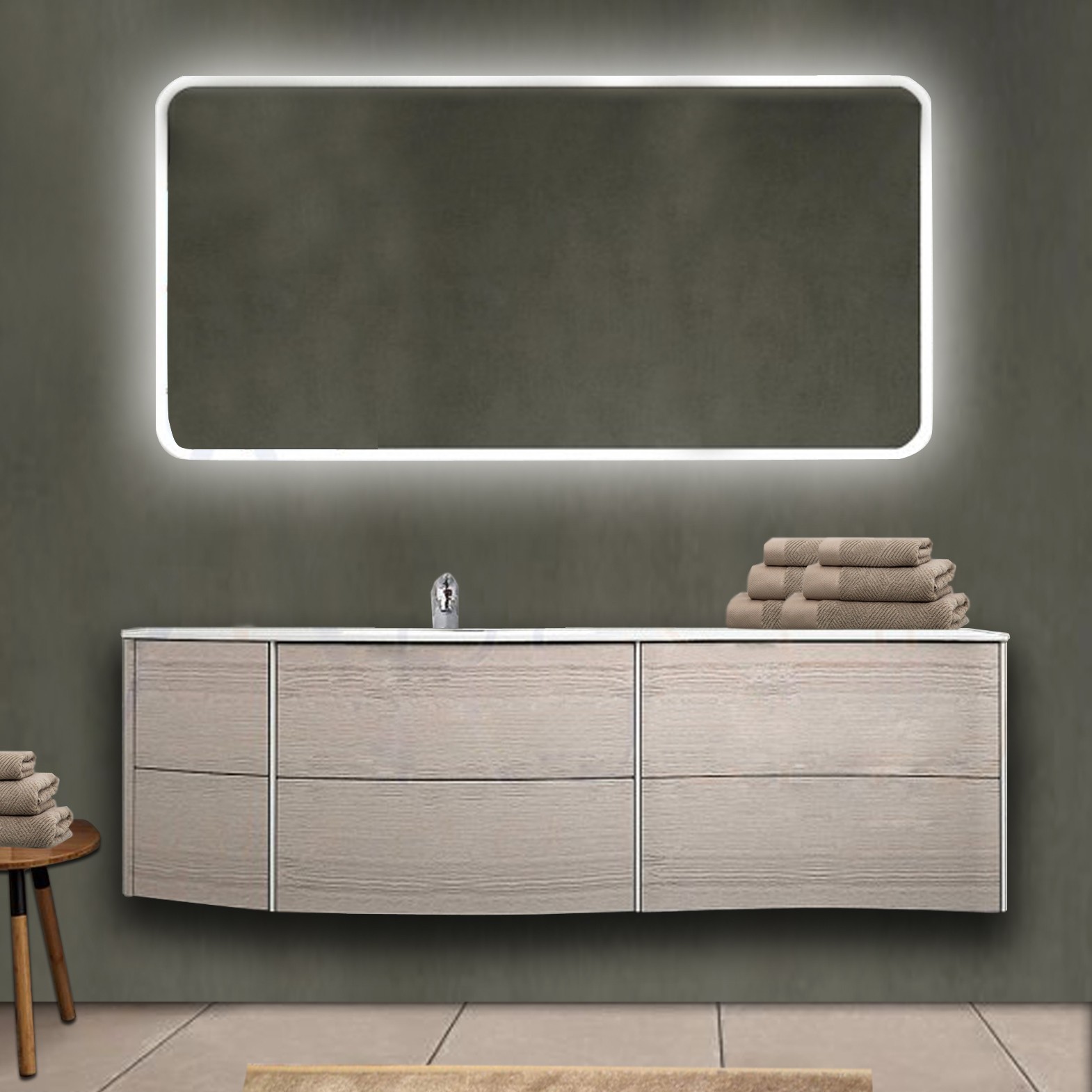 Mobile bagno sospeso da 150 cm color bianco con top in rovere