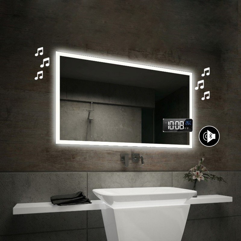 Specchio da Bagno con Angoli Arrotondati Altoparlante Bluetooth + Orologio  e Cornice Sabbiata Retroilluminata led art. spe201 - Vendita Online  ItaliaBoxDoccia