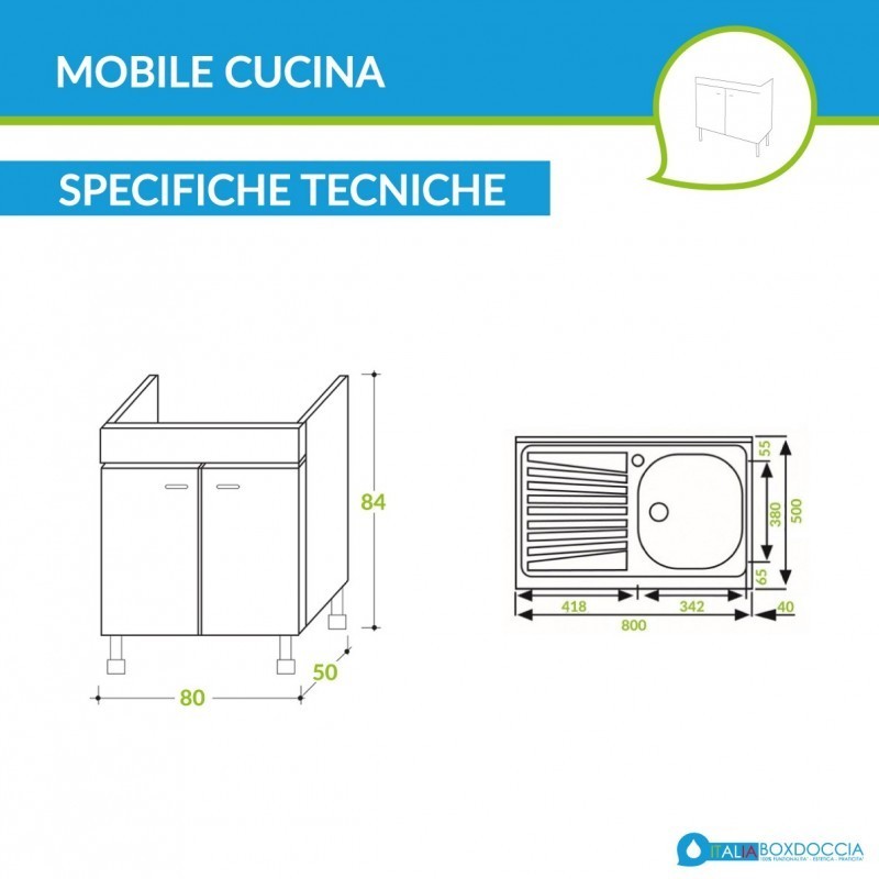 Mobile cucina da 80 cm. a 2 ante finitura teak con lavello inox 1 vasca  gocciolatoio a sinistra + pensile - Vendita Online ItaliaBoxDoccia