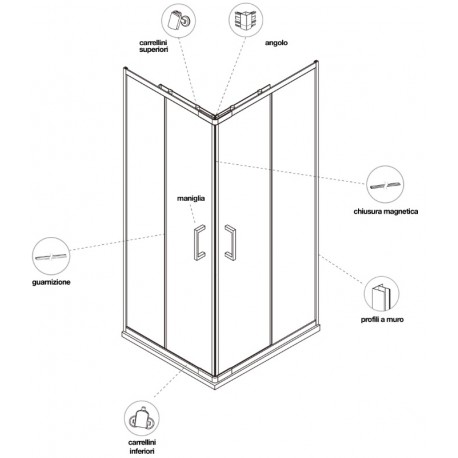 Ricambistica per Box Doccia Angolare Cristallo 6 mm Altezza 195 cm Profilo Nero art. H81