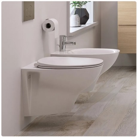 Sanitari sospesi Morning di Rak Ceramics Vaso con tecnologia rimless + Bidet in Ceramica Bianco Lucido