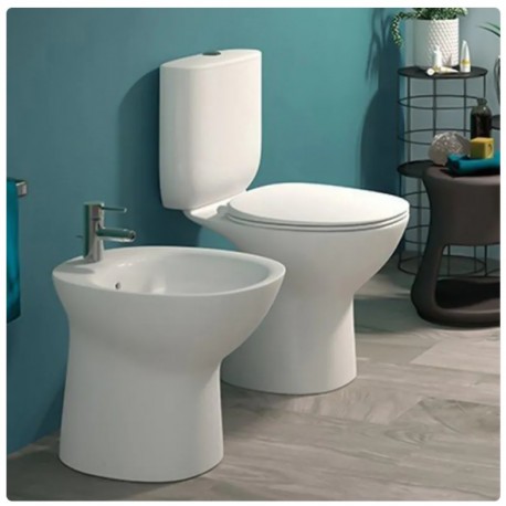 Vaso senza brida Rimless monoblocco in ceramica con cassetta + bidet filomuro Morning Rak