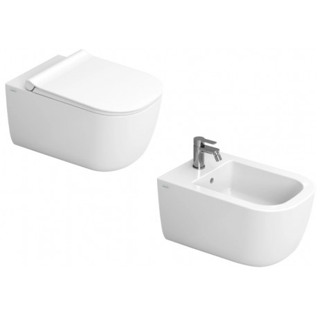 Sanitari sospesi Mirto con fissaggio nascosto di Dolomite Vaso con tecnologia rimless + Bidet in Ceramica Bianco Lucido