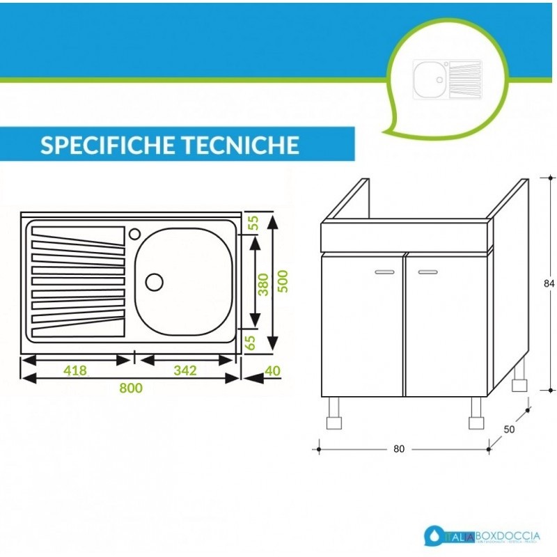 Mobile sottolavello bianco 80x50 + lavello in ceramica 1 vasca con  gocciolatoio a destra - Vendita Online ItaliaBoxDoccia