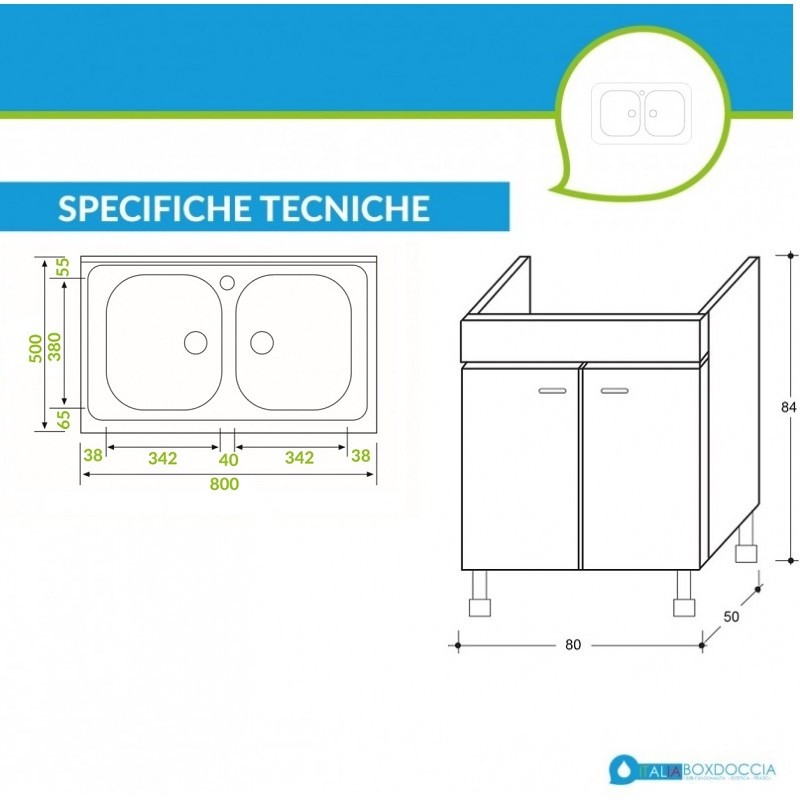 Mobile sottolavello olmo 80x50 + lavello inox a 2 vasche - Vendita Online  ItaliaBoxDoccia