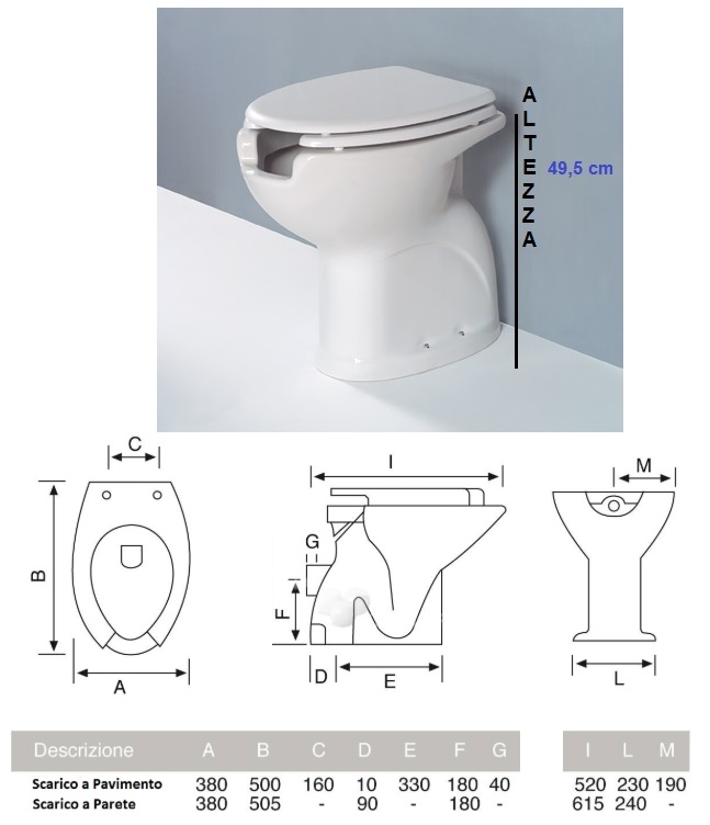 WC bidet combinato per anziani e disabili H 49 cm scarico parete