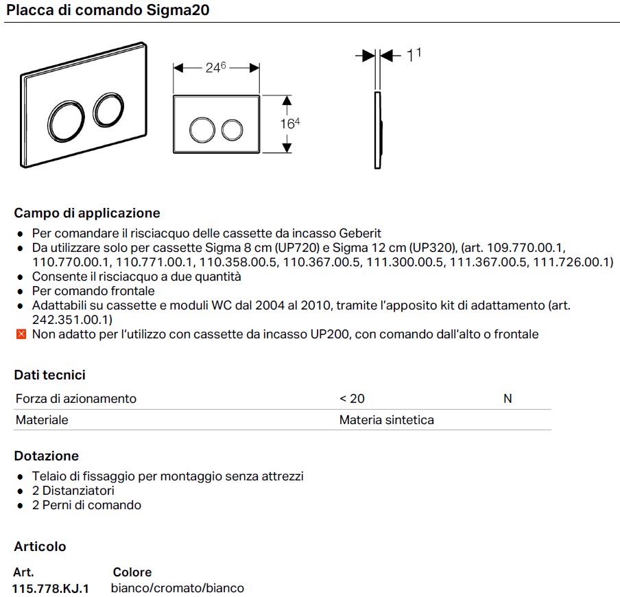 PIASTRA PLACCA PULSANTE AZIONAMENTO SCARICO WC GEBERIT BIANCA